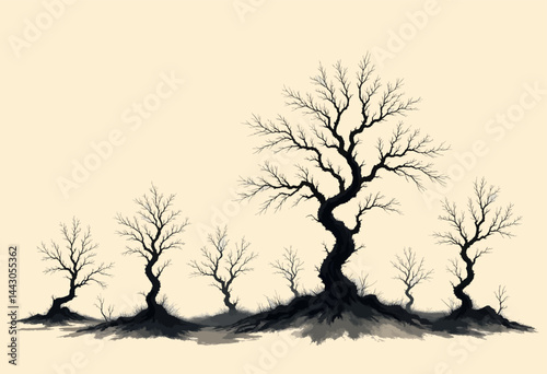 Obraz na płótnie Bare Trees Silhouette Landscape on Beige Background w salonie