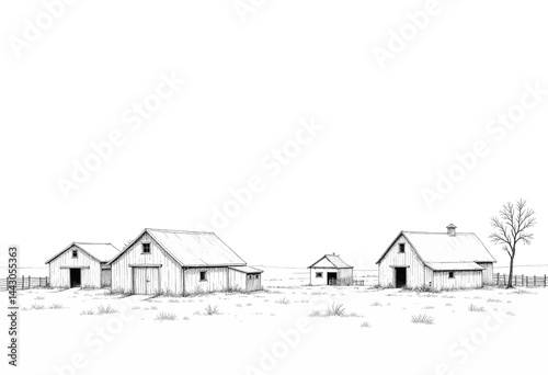 Obraz na płótnie Barns in a Field, Black and White Sketch Illustration w salonie