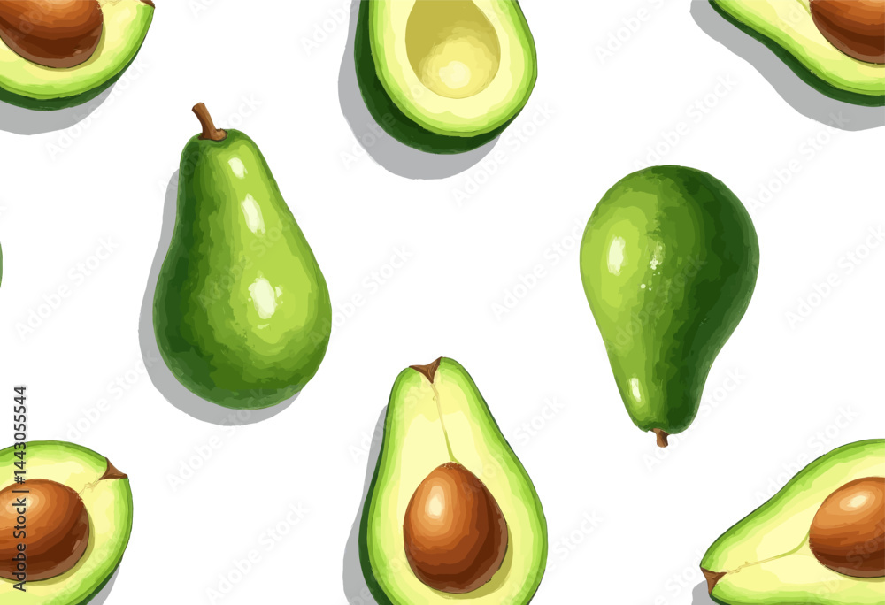Avocado halves and whole fruit, white background pattern
