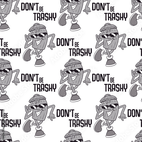 Playful Trash Can Character Repeat Pattern with Slogan