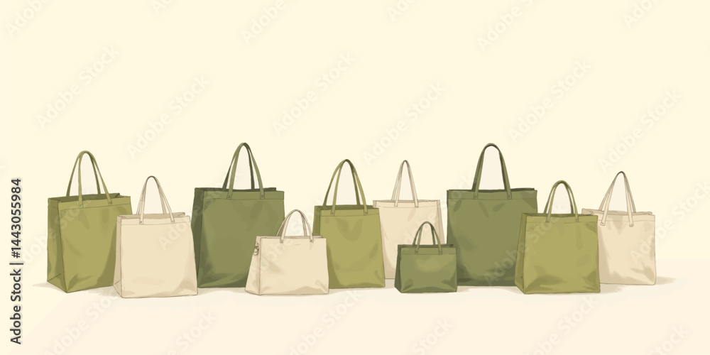 Assorted Green and Beige Tote Bags on Cream Background