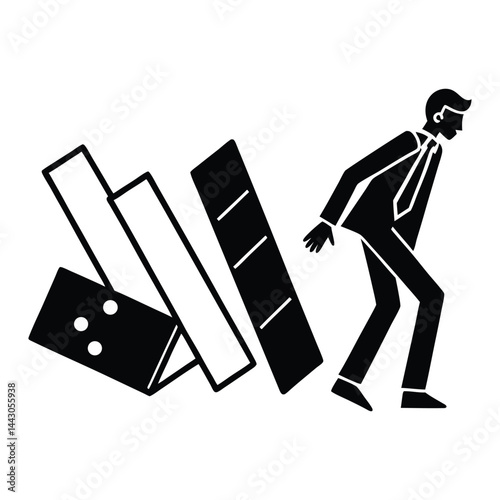 Conceptual business illustration of upcoming business problem metaphor with falling domino and businessman silhouette 