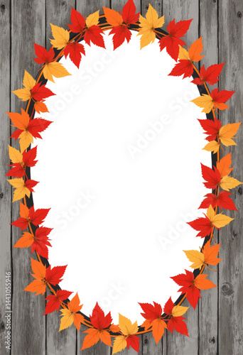 Obraz na płótnie Autumn Leaves Oval Frame on Wood Background w salonie