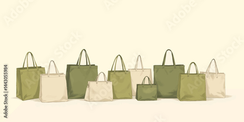 Obraz na płótnie Assorted Green and Beige Tote Bags on Cream Background w salonie