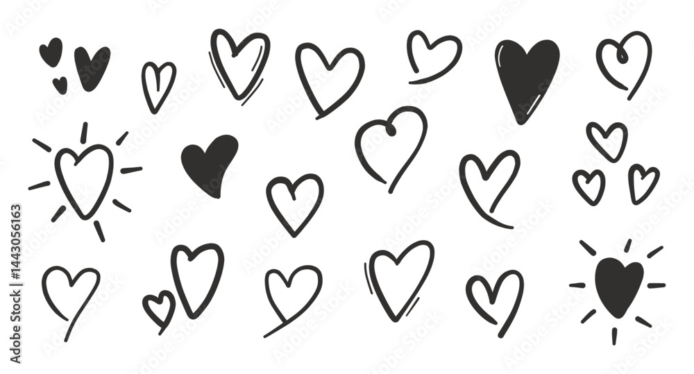 Hand drawn hearts set. Collection of different black hearts illustration, white background