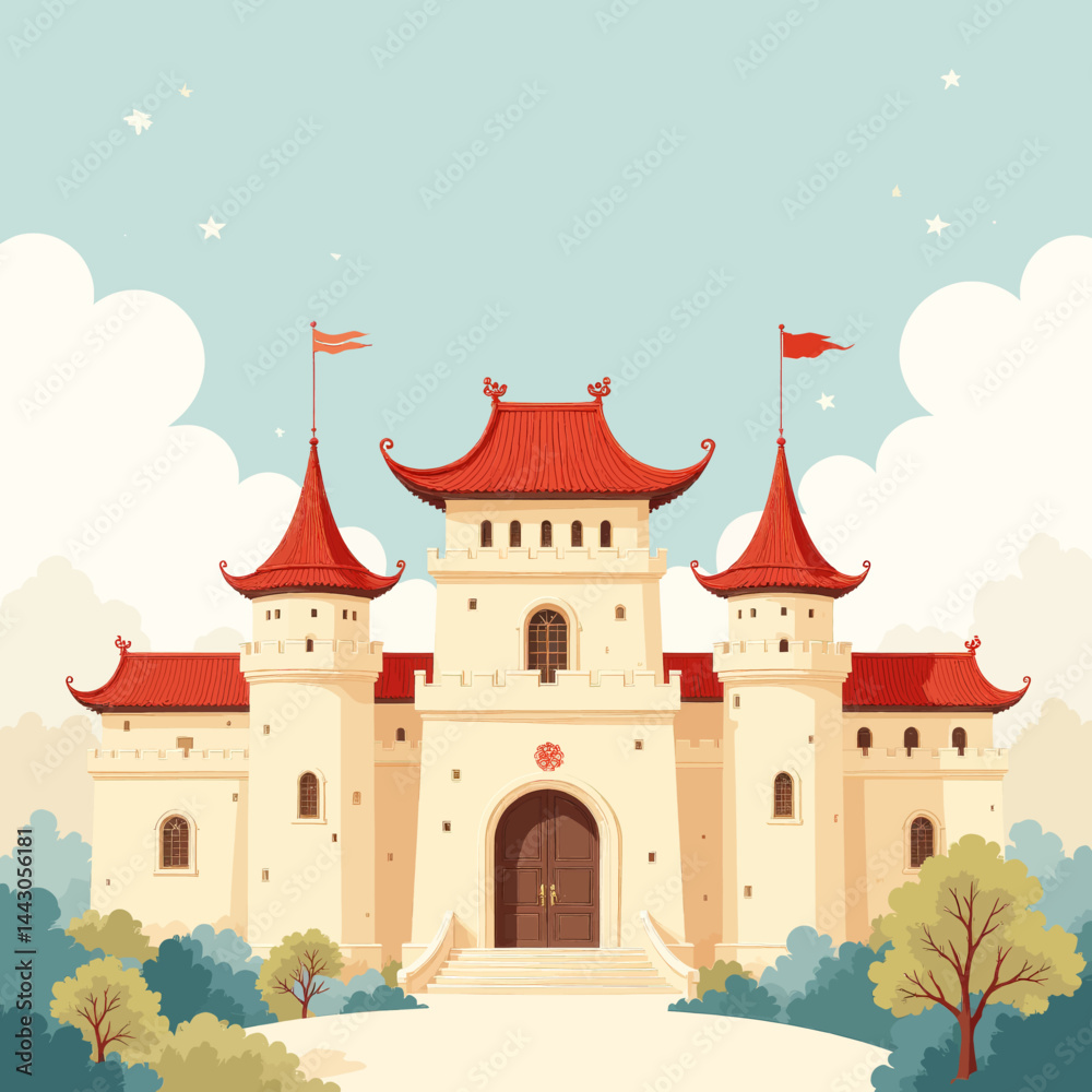 Asian-Inspired Castle with Red Pagoda Roofs