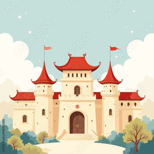 Obraz na płótnie Asian-Inspired Castle with Red Pagoda Roofs w salonie