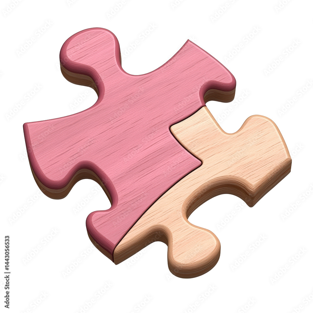 Obraz premium Close-up of two interlocking wooden puzzle pieces painted in pink and beige, symbolizing connection, teamwork, and problem-solving, isolated on white background