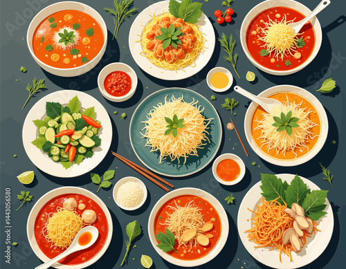 Obraz na płótnie Assorted Asian Soups and Noodle Dishes Flat Lay w salonie