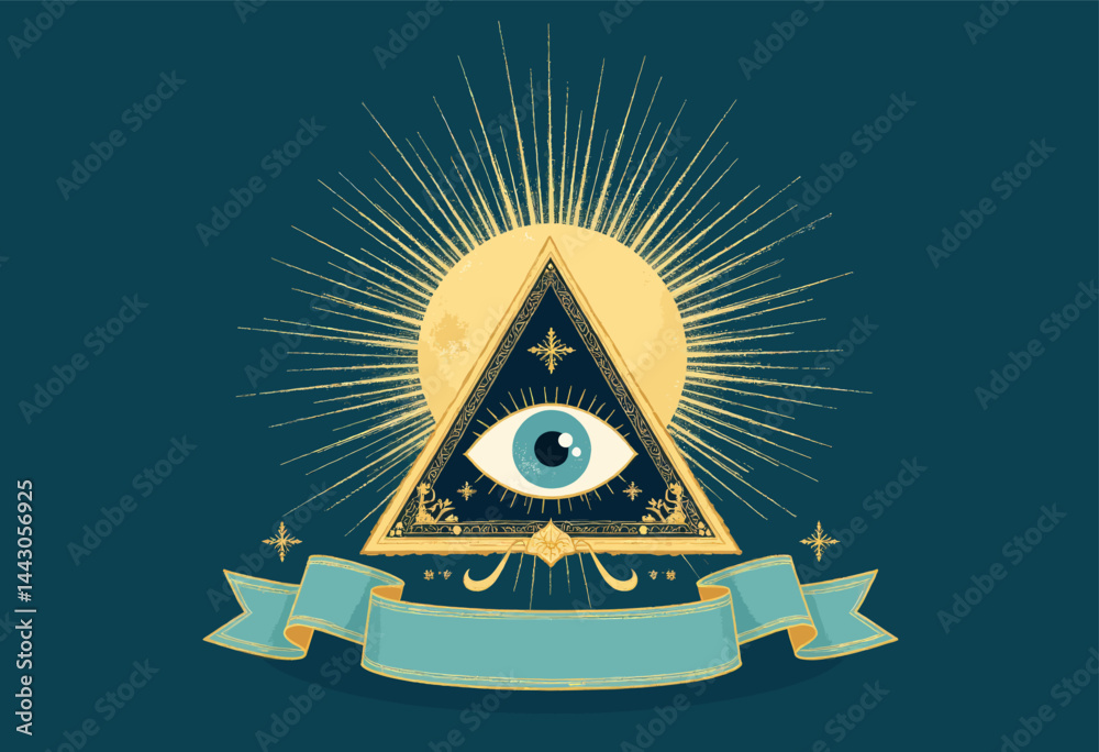 All Seeing Eye Pyramid with Ribbon and Sunburst