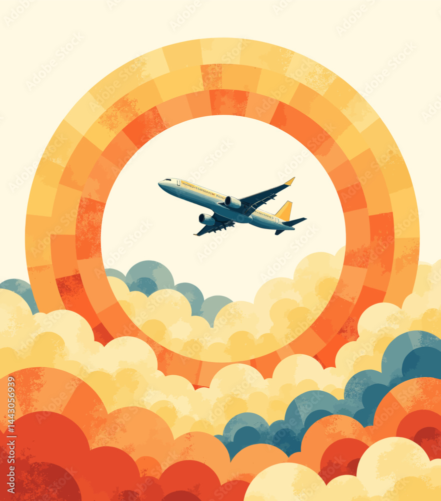 Airplane Flies Through Colorful Sky and Clouds
