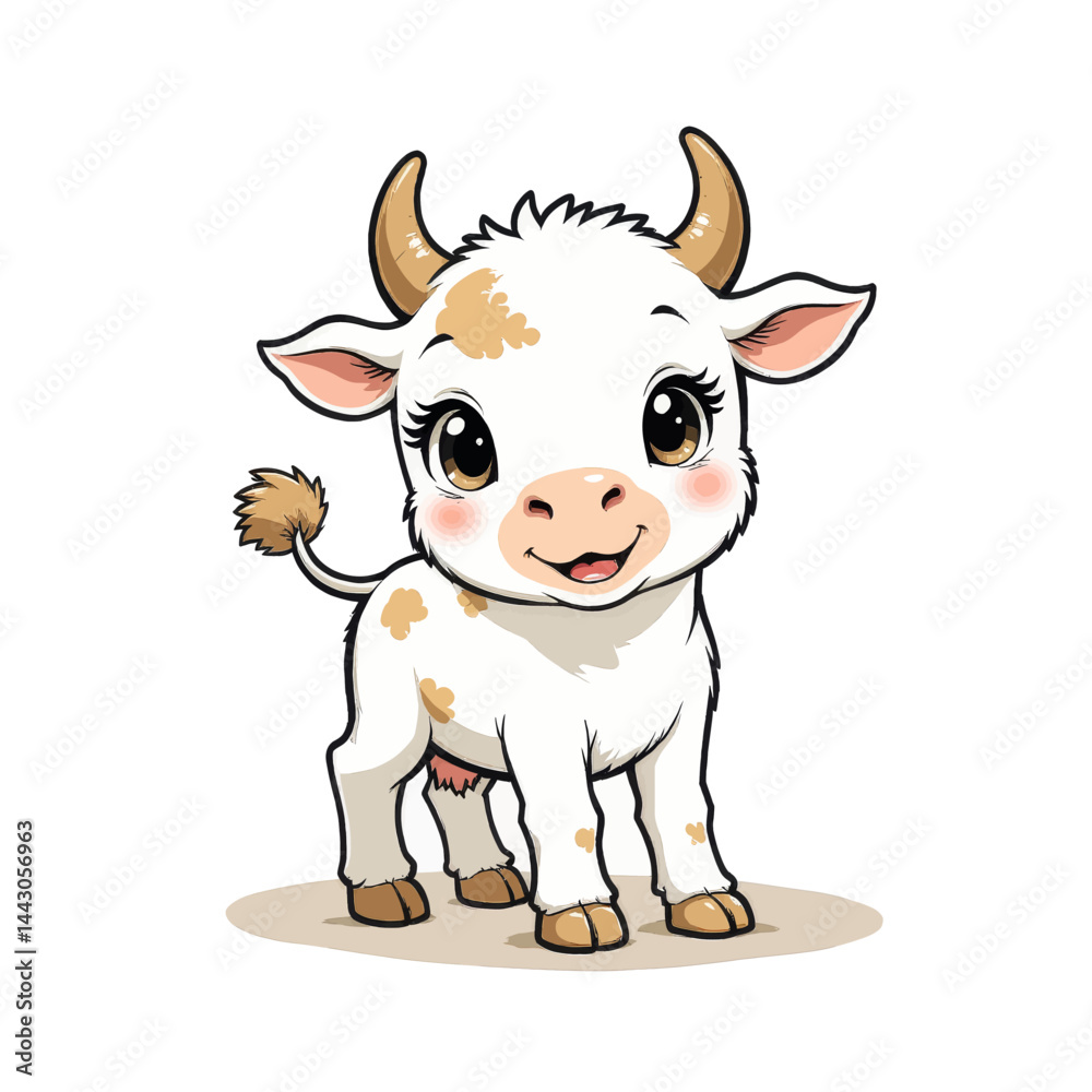 Adorable cartoon calf with big eyes and tan spots