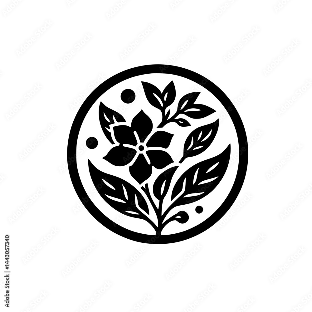 Fototapeta premium Simple Black and White Floral Silhouette in Circle - Botanical Graphic Design Element
