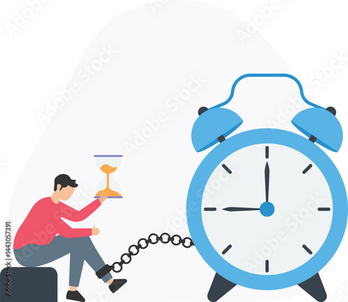 Man is chained to a giant alarm clock while holding an hourglass, symbolizing the pressure of deadlines and the importance of time management

