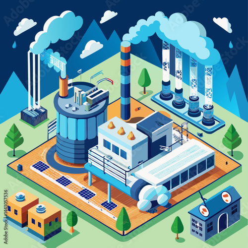 A cityscape with a factory in the middle and a mountain in the background. The factory is emitting smoke, which is a sign of pollution. Concept of industrialization and its impact on the environment