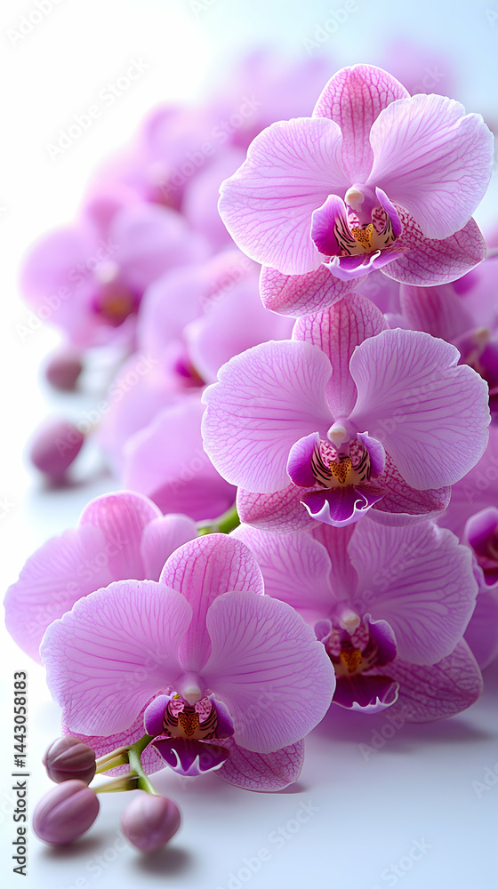 Obraz premium Soft pink orchid blossoms cascading down in a delicate arrangement petals showing veins