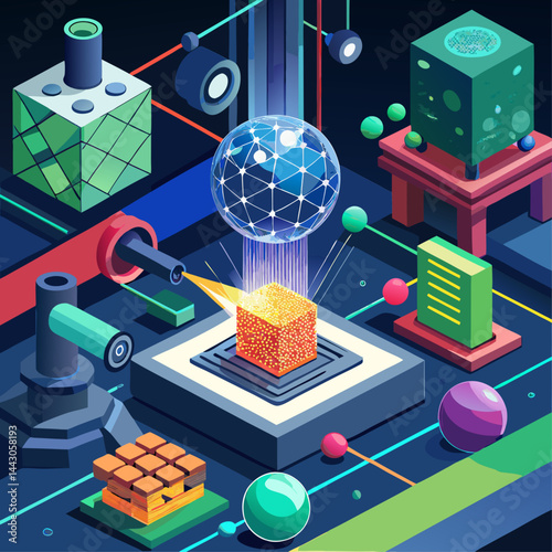 A colorful image of a lab with a glowing sphere in the center. The sphere is surrounded by various objects such as cubes, balls, and a book. Concept of curiosity and scientific exploration