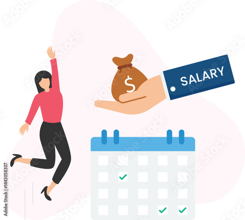 Happy businesswoman jumping for joy while receiving salary payment on time, with a calendar showing payday marked with checkmarks, illustrating timely payment and employee satisfaction

