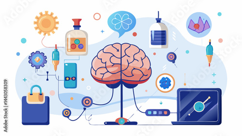 A colorful drawing of a brain with a lot of different things around it, including a laptop, a cell phone, a bottle, and a book. Concept of technology and the brain being interconnected