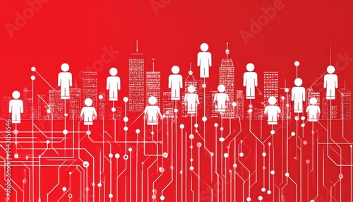 The economics of AI in Labor workforce concept. Abstract cityscape with figures and circuit patterns on a red background.
