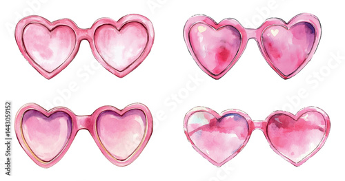 Watercolor pink sunglasses with pink heart shape. Aesthetics and coquette elements. Glamorous vintage elements of 2000s. Fashion accessories for glasses.