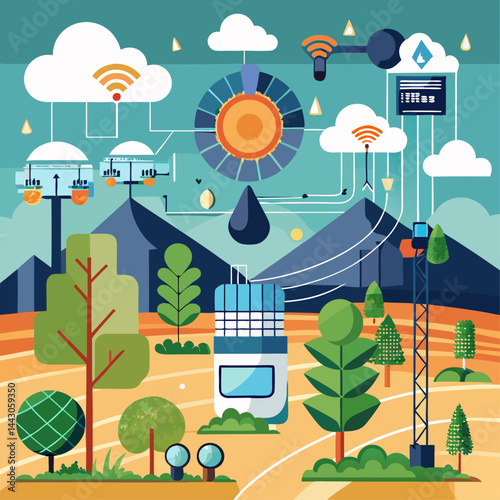 A colorful drawing of a city with a lot of technology and nature. Scene is bright and lively