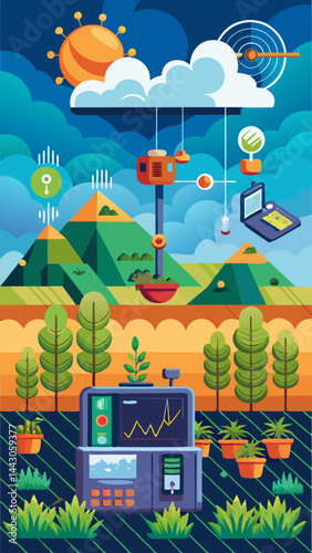 A colorful drawing of a city with a lot of technology and nature. Scene is bright and lively
