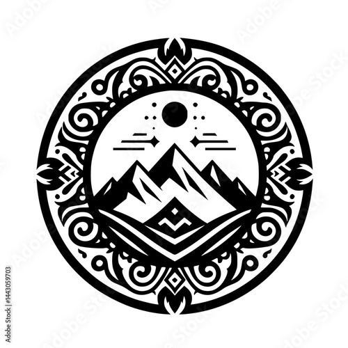 Stylish Black and White Mountain Emblem in Ornate Circular Frame. Graphic Adventure Logo Design with Decorative Border.