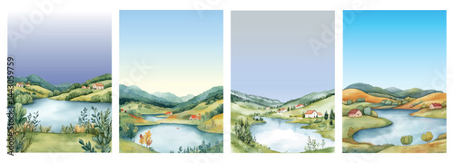 Collection of watercolor rural landscapes. Landscape of a picturesque village with cute houses on the background of hills and a lake. Autumn village landscapes. Template for postcards, banners, etc.
