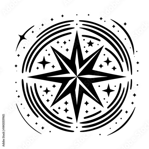 Graphic Star Compass Rose Emblem - Minimalist Black & White Symbol of Direction, Navigation & Celestial Journey Vector