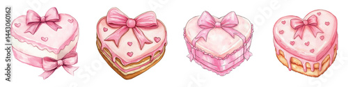 Cute pink heart-shaped cakes decorated with pink bows. Vintage coquette-style cakes. Retro heart-shaped cakes decorated with cute pink bows with ribbons.