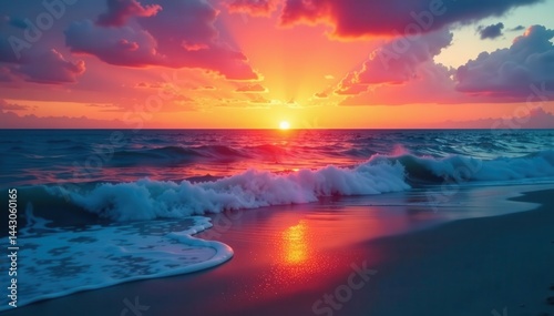 Sunset streaks blur across ocean; vibrant hues, dynamic motion , photography, landscape, nature