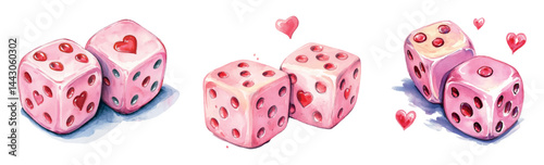 Watercolor set of pink gambling cubes with hearts. Glamorous coquette elements in pink colors. Gambling cubes with hearts. Vintage elements for Valentine's Day and coquette elements.