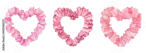 Set of heart-shaped frames from ribbon in coquette style. Watercolor ribbon with ruffles in the shape of a heart. Vintage heart-shaped frame elements. Trendy holiday borders.