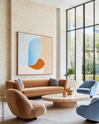 Cozy artistic living room, plush caramel boucle sofa, soft azure accent chairs, textured plaster feature wall, sculptural abstract artwork in blue
