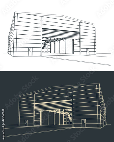 Industrial hangar close-up illustrations