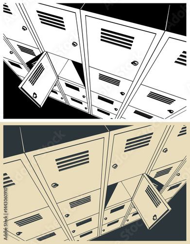 Metal storage lockers close up illustrations