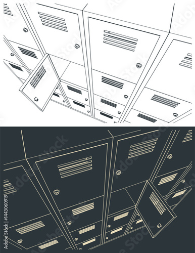 Metal storage lockers close up sketches