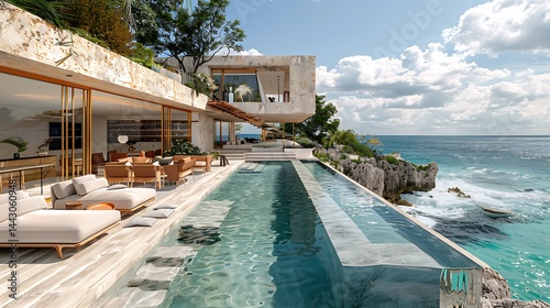 Luxury modern beach house with infinity pool high resolution image