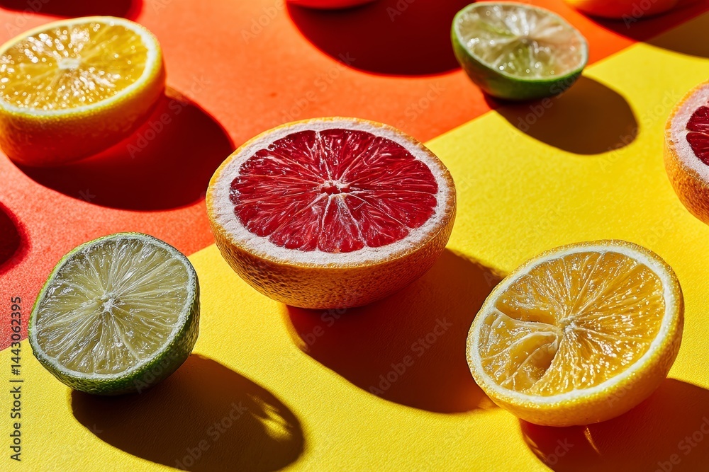 Fresh citrus fruit slices on a bright colorful background.