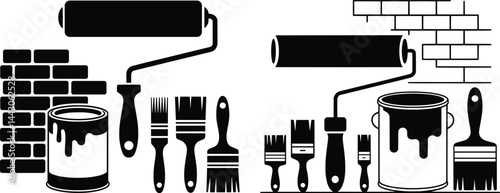 Painting Tool Silhouettes Set, Brushes, Rollers, Cans, and Brick Wall Vector Art