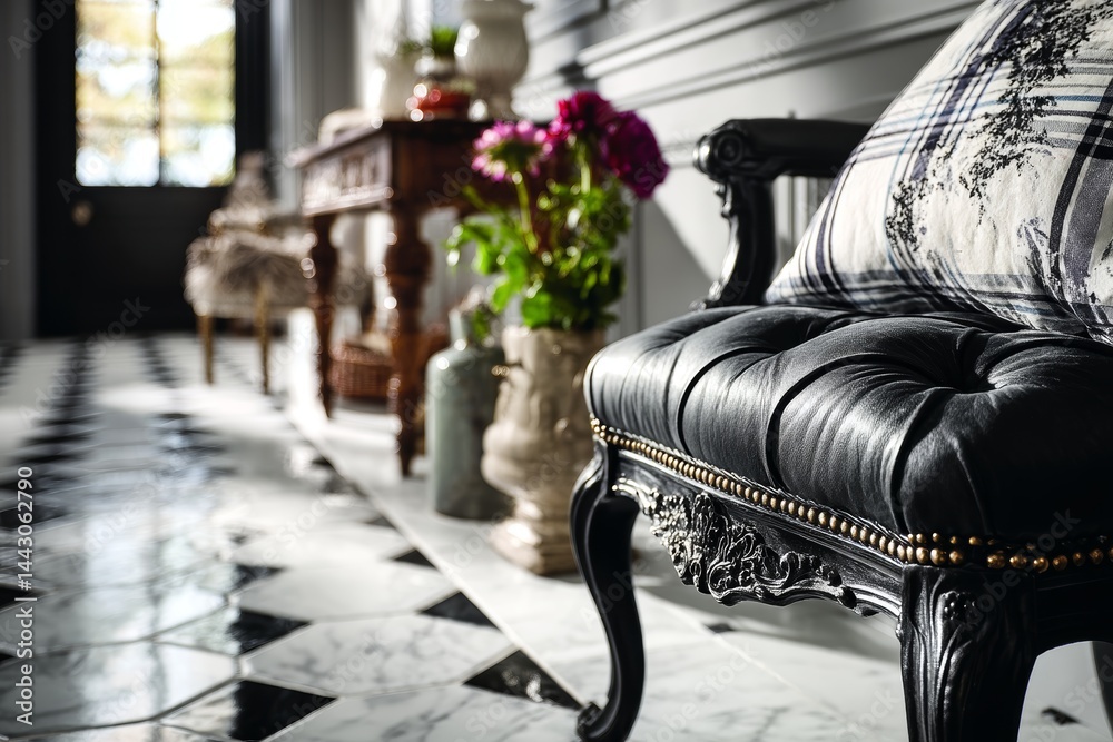 Classic black and white tile floor with a touch of elegance.