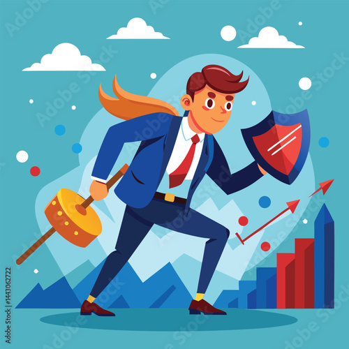 Businessman leadership fighting stock protection risk business inflation vector