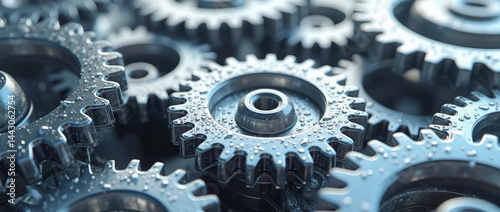 Generative AI Wet Gears Interlocked Engineering Progress Concept gears cogwheel mechanism metal water droplets interlocked engineering close-up steel machinery progress teamwork precision