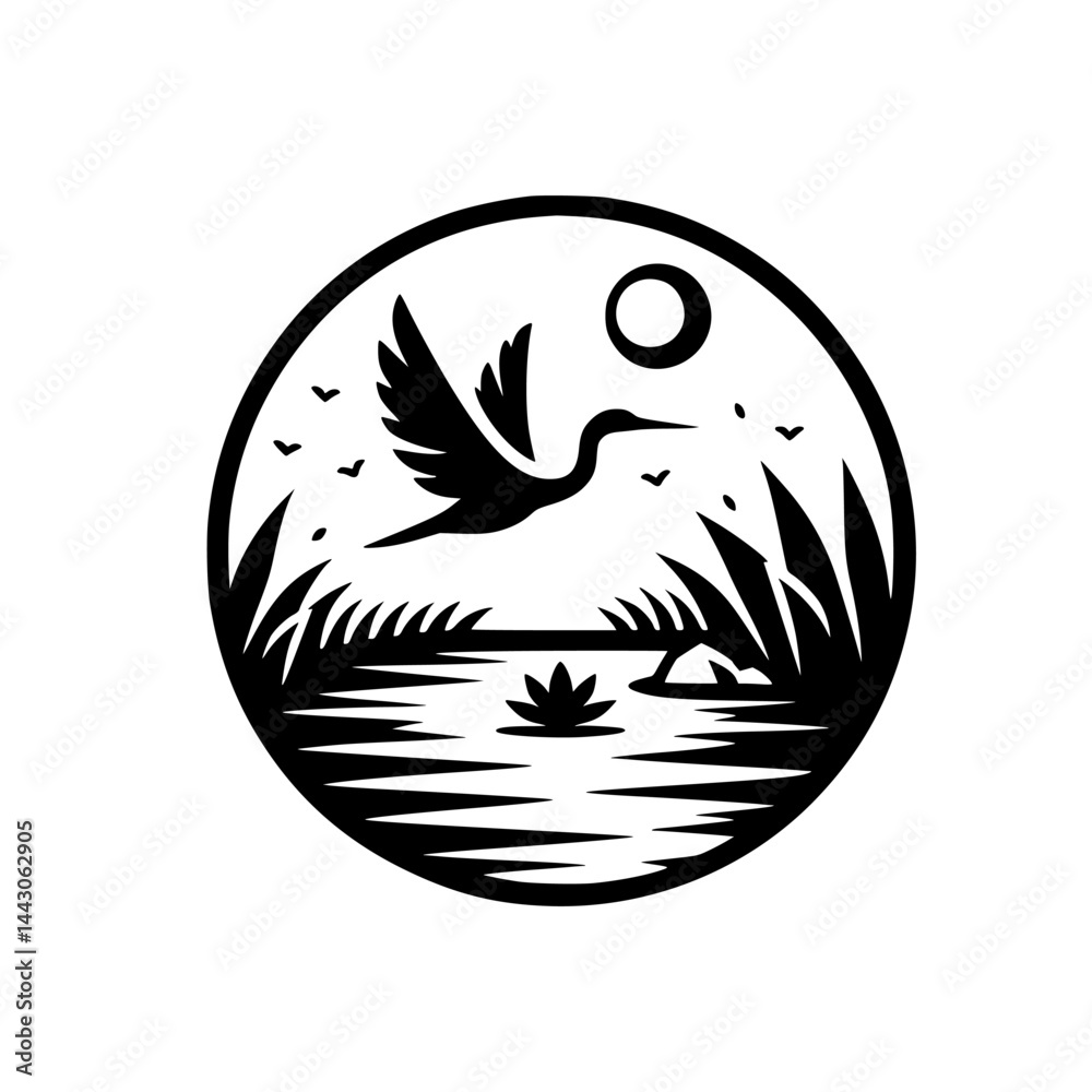 Fototapeta premium Wetland Nature Scene Circle Silhouette Logo: Flying Heron or Crane, Sun, Reeds, and Water Lily. Minimalist Graphic Design Illustration.