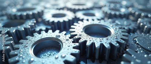 Generative AI Wet Gears Interlocked: Technology Innovation gears interlocking metal wet water droplets macro close-up mechanical engineering cogs innovation teamwork precision technology