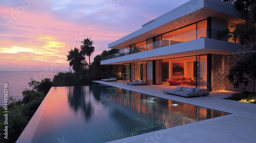 Luxurious minimalist home design at sunset with glowing ambiance and serene pool view