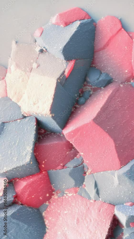 Abstract arrangement of pink, blue and grey geometric shapes creating textured background