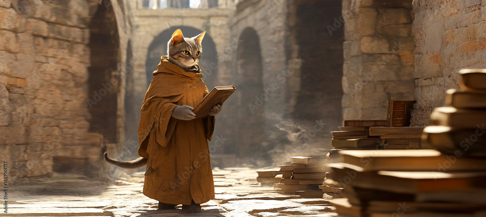 A funny and smart cat dressed as a monk, holding a Bible in a monastery. The playful image portrays the cat as an ascetic figure