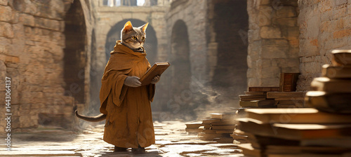 Obraz na płótnie A funny and smart cat dressed as a monk, holding a Bible in a monastery. The playful image portrays the cat as an ascetic figure w salonie